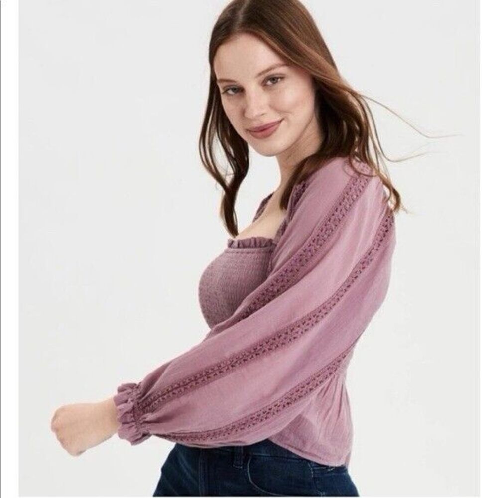 American Eagle Peasant Blouse Large Dainty Cottagecore Crochet Edge Ties